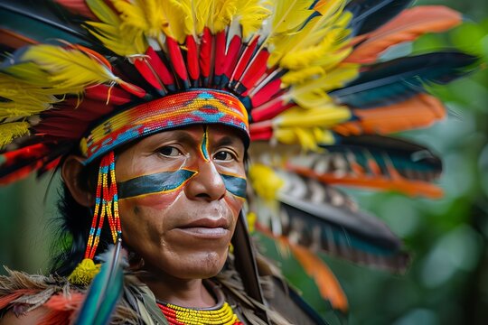 Indigenous amazonian man wearing traditional headdress with colorful feathers