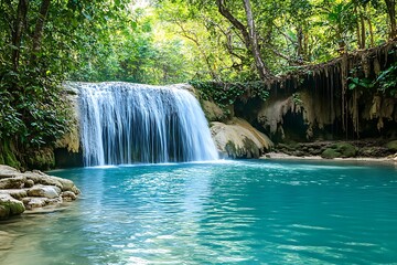 Waterfall cascade with turquoise water in lush green forest, Thailand nature background