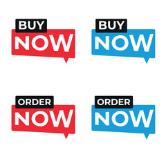 Buy Now Order Now Button Set – Call to Action Label, Sale Promo Badge Icon in Red and Blue