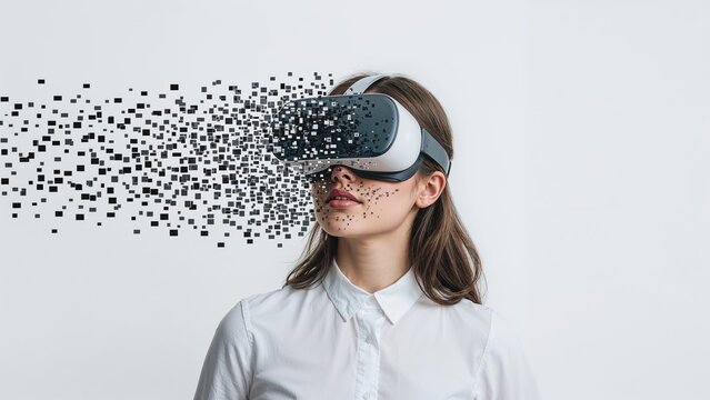 Female with virtual reality headset exploring pixelated dimensions
