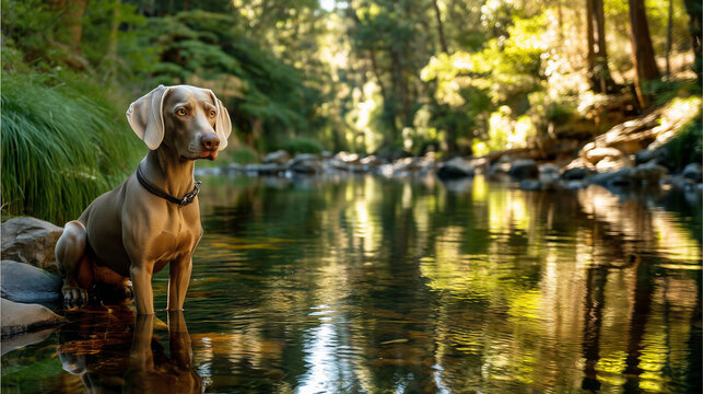 Weimaraner dog sitting by a shallow stream in a forest setting   - Powered by Adobe