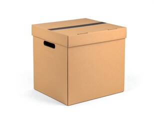 A light brown cardboard box with a black tape strip