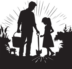 Silhouette of father and daughter gardening vector in white background	