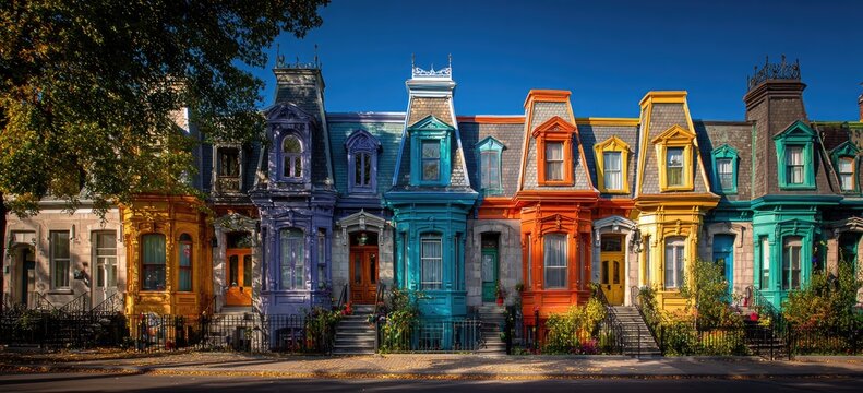 Vibrant row of colorful houses under a clear blue sky - Powered by Adobe