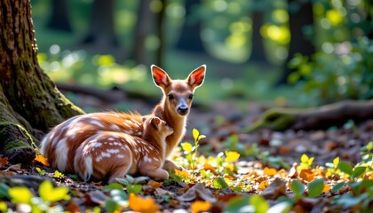 two deer with large, expressive eyes, resting in a forest clearing surrounded by autumn foliage