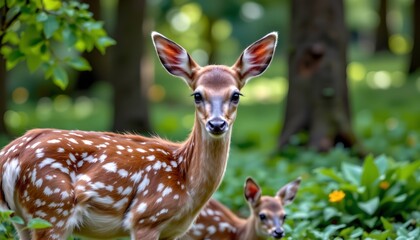 a serene outdoor setting where two deer are grazing in a forested area. the larger deer stands prominently with its spotted coat of brown and white, gazing attentively at the camera