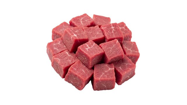 Pile of fresh, raw beef cubes, perfectly diced for culinary use, on an isolated white background. Ideal for recipes and food prep visuals.