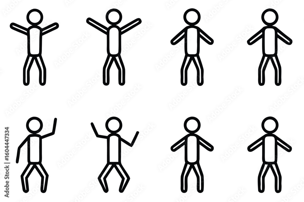 Poster grid of twelve simple stick figure icons representing various activities and concepts