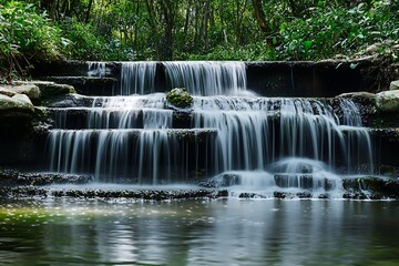 Cascading waterfall over rocks in lush green forest landscape with long exposure