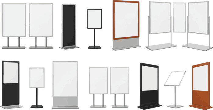 Create a 3D Realistic floor standing display mockup with metal base and leather. Blank portable vertical info white placard sign holder stand for presentation poster, banner, vector art.
