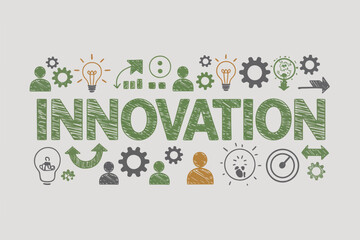 Fototapeta premium Innovation text surrounded by lightbulbs, gears, arrows, and people icons on a white background
