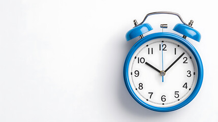 A blue alarm clock on a white background shows the time as ten minutes past ten. Symbolizing time, deadlines, schedules, and reminders.