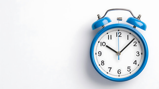 A blue alarm clock on a white background shows the time as ten minutes past ten. Symbolizing time, deadlines, schedules, and reminders.