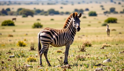 Naklejka premium a zebra stands in a field with dry grass and sparse vegetation, appearing alert and looking to its right