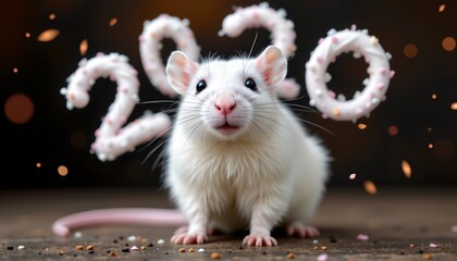 a petite white rat adorned with 2020 themed party gear, including oversized pink ears, a birthday cake hat, and party horns, standing on a surface scattered with confetti