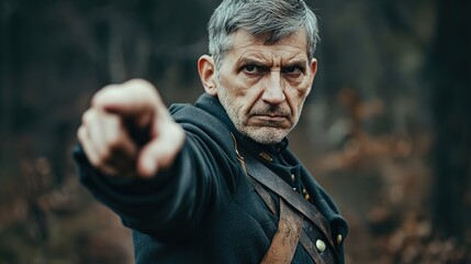 A stern, older man with gray hair points directly at the camera with an intense, commanding expression in an outdoor setting.
