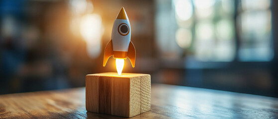 Rocket startup on a block of wood with the engine on, useful for articles about startups and innovation.