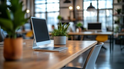 Modern office with computers and plants on desks. In articles about workspace, interior design and office culture.