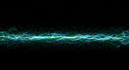 Dynamic energy flow visualization with glowing blue and green particles on a black background
