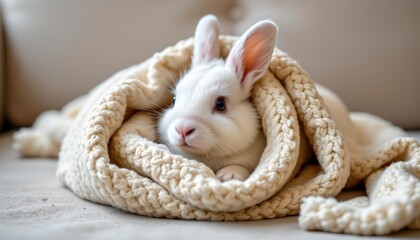 a fluffy white bunny nestled within a cozy beige blanket, appearing to be wrapped in it as if snuggled up for bed