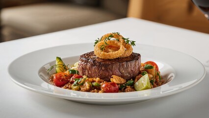 Juicy tenderloin paired with steamed greens, finished with deep-fried onions, tomato slices, and aromatic herbs