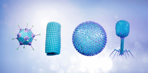 Scientific illustration showing different virus types by shape, including icosahedral, helical, spherical, and bacteriophage structures. 3d rendering.