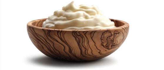 Close-up of a wooden bowl of yogurt. For cooking blogs, healthy eating articles and recipes.