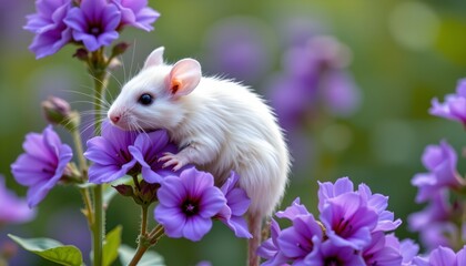 a white mouse with a pink nose is perched in purple flowers with green leaves