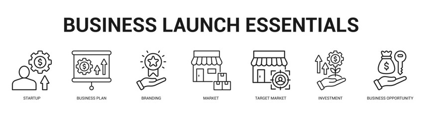 Business Launch Essentials Modern and clean web banner illustration featuring thematic icons for visual communication