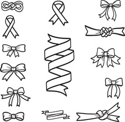 Bow and Ribbon Vector Set – Decorative gift bows, festive ribbon designs, curly and flat styles, celebration elements for wrapping, party decor, packaging design, colorful vector illustration bundle.
