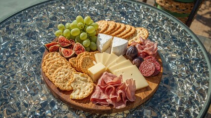 Assorted Cheese and Meat Board Featuring Sausages, Ham, Crackers, Grapes, and Figs on a Circular Wooden Tray in Natural Light