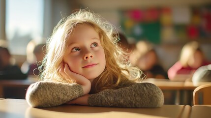 A young girl looks off into the distance, lost in thought, a dreamy schoolgirl