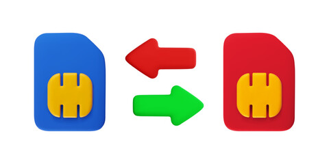 Vector cartoon 3d Change SIM cards icon. Minimal realistic 3d render of blue and red SIM card with transfer arrows. Transferring phone number symbol, switch between two SIM card slots concept.