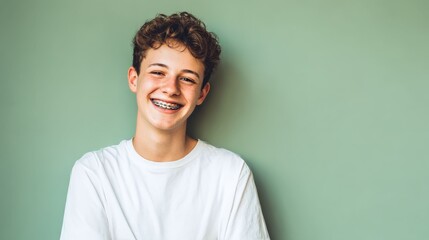 A smiling teen boy with braces standing against a green wall, a portrait of youth and happiness