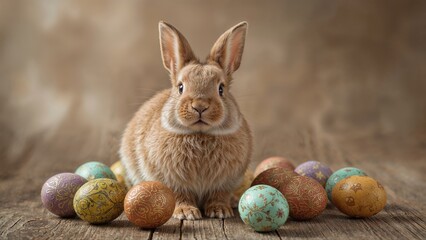 Nature-themed Easter symbol showing a white rabbit and colorful eggs on a wooden surface