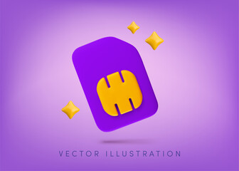 Cartoon 3d Sim card vector illustration. Minimal realistic 3d render violet mobile phone gsm SIM card with golden stars on purple. Communication technology banner, gsm network eSIM, 4G, 5G concept.