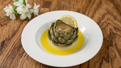 White plate featuring a flower-shaped artichoke appetizer with olive oil and a lemon wedge on a wooden table