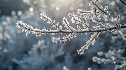 Tranquil winter morning showcasing shimmering frosted branches in a hazy setting