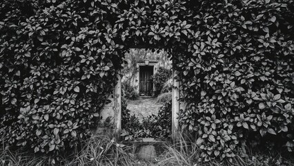 Fototapeta premium Black and white scenery showing plants surrounding gateway of an aged ruined residence