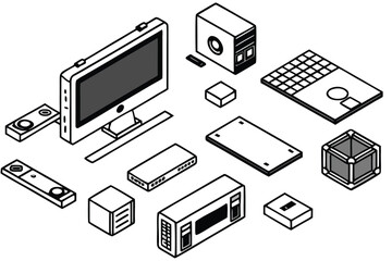 Isometric Computer Hardware Components Motherboard CPU RAM GPU and Storage Devices