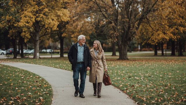 An older pair taking a leisurely autumn stroll in a park.