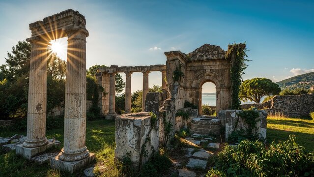 Ancient pillars surrounding a baptismal basin within an early Christian church on a coastal island.