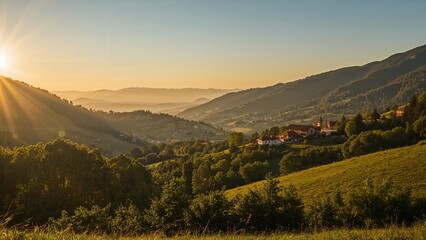 Obraz premium Magnificent summer early morning in the mountains showcasing a tranquil village among rolling hills. Scenic rural landscape concept.