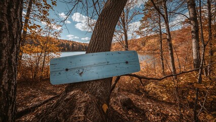 Clear blue signpost on a tree in a wooded area with a lake view in the autumn time