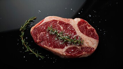 Overhead shot of raw dry-aged T-bone or porterhouse steak with herbs and salt on a black surface