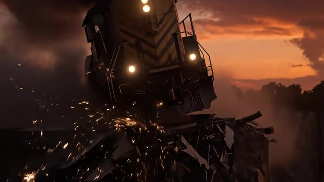 A powerful locomotive train crashes, with sparks flying, amidst twisted metal and debris against a dramatic sunset sky.