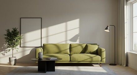 Comfortable Green Sofa in Sunny Minimalist Living Room Interior