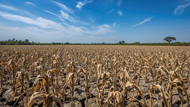 Corn crops suffering from severe drought caused by climate change and harsh weather during harvest time.