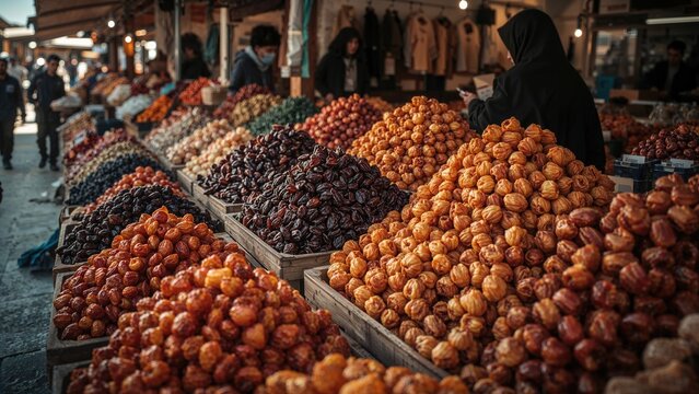 Variety of dried fruits displayed for purchase at a marketplace