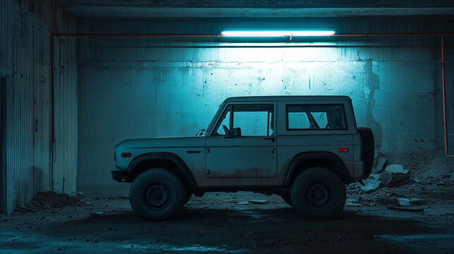 Classic offroad vehicle parked in abandoned industrial garage with blue neon lighting and rough concrete walls.
